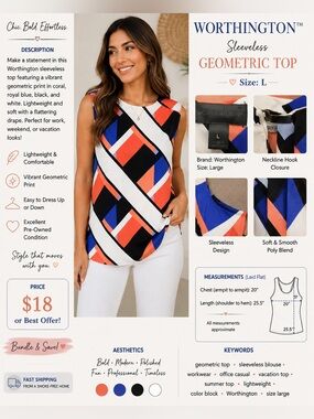 Worthington Geometric Sleeveless Tie-Neck Top in Orange, Blue, Black, White